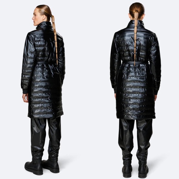 NWT RAINS Trekker W Coat XS/S Shiny Black Insulated Belted Waterproof Long - Picture 2 of 13